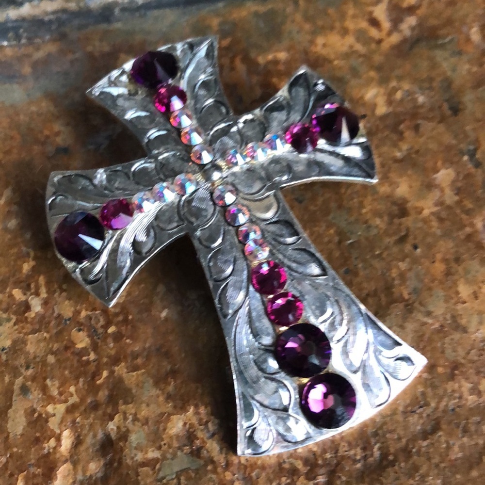 .925 Sterling Silver Statement 2.25” Cross Purple Western Crystal WC Necklace